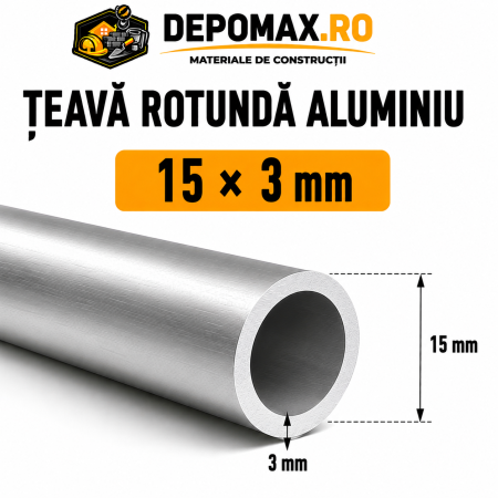 Teava rotunda aluminiu 15 x 3 mm, 6 metri (6060)